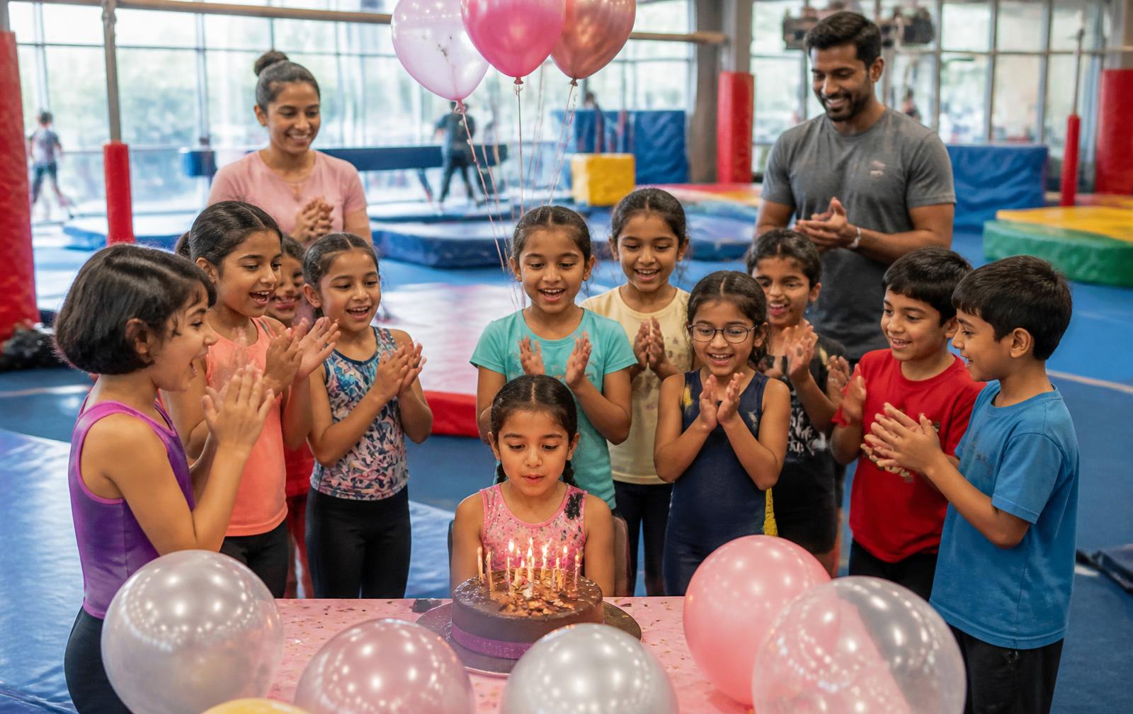 Children celebrating a gymnastics birthday party at Tumble Gym