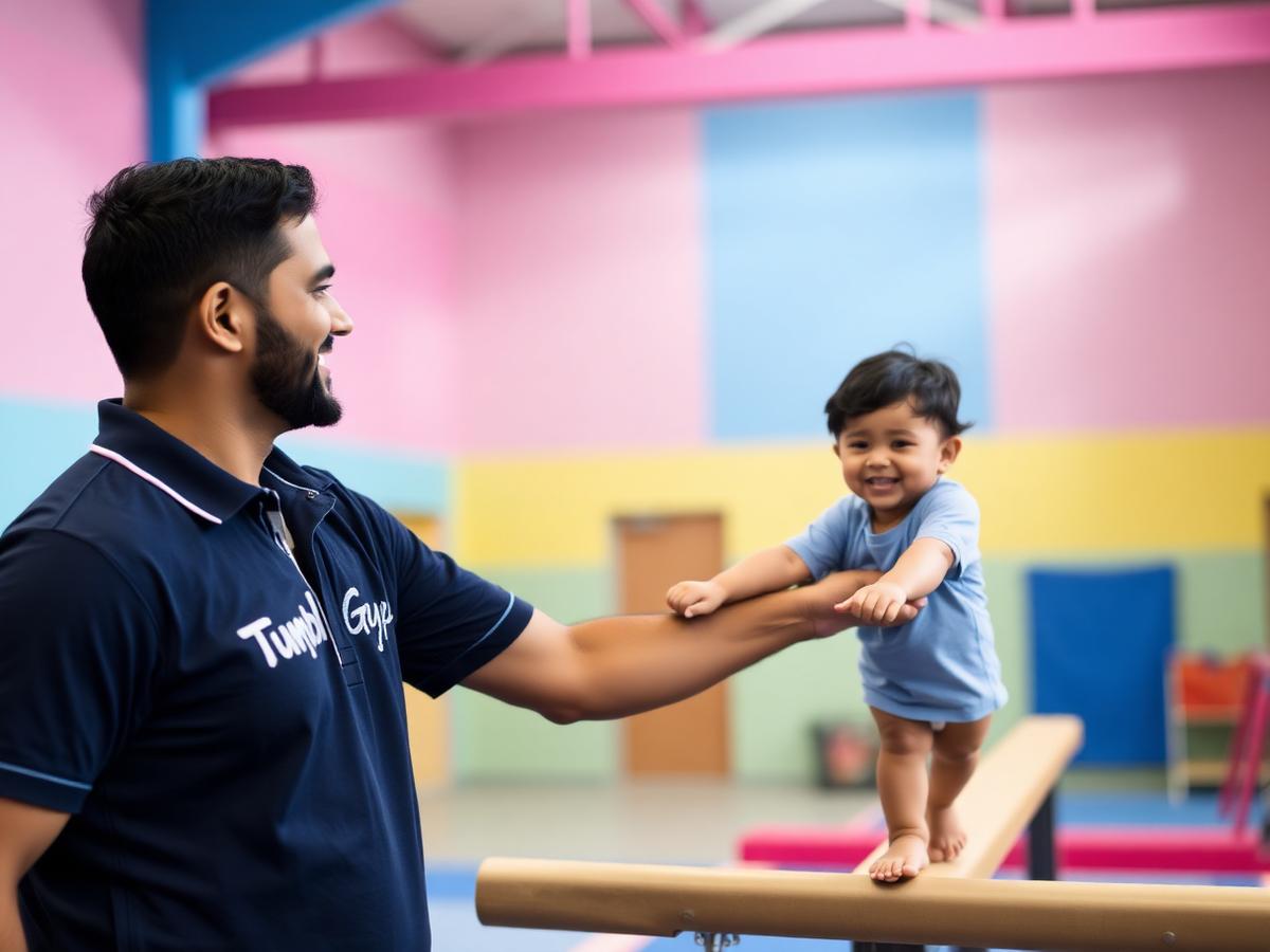 Male Tumble Gym coach spotting a toddler on a balance beam