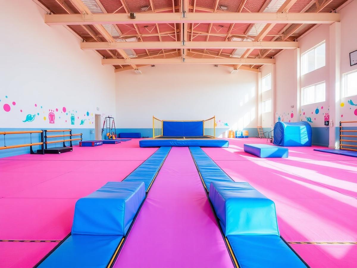Tumble Gym signature pink and blue sprung safety floor with air-track runway