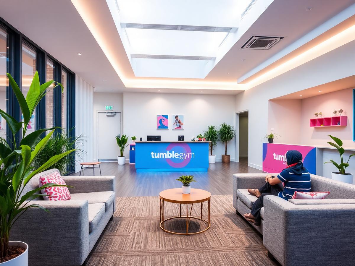 Bright parent viewing lounge with reception desk at a Tumble Gym centre