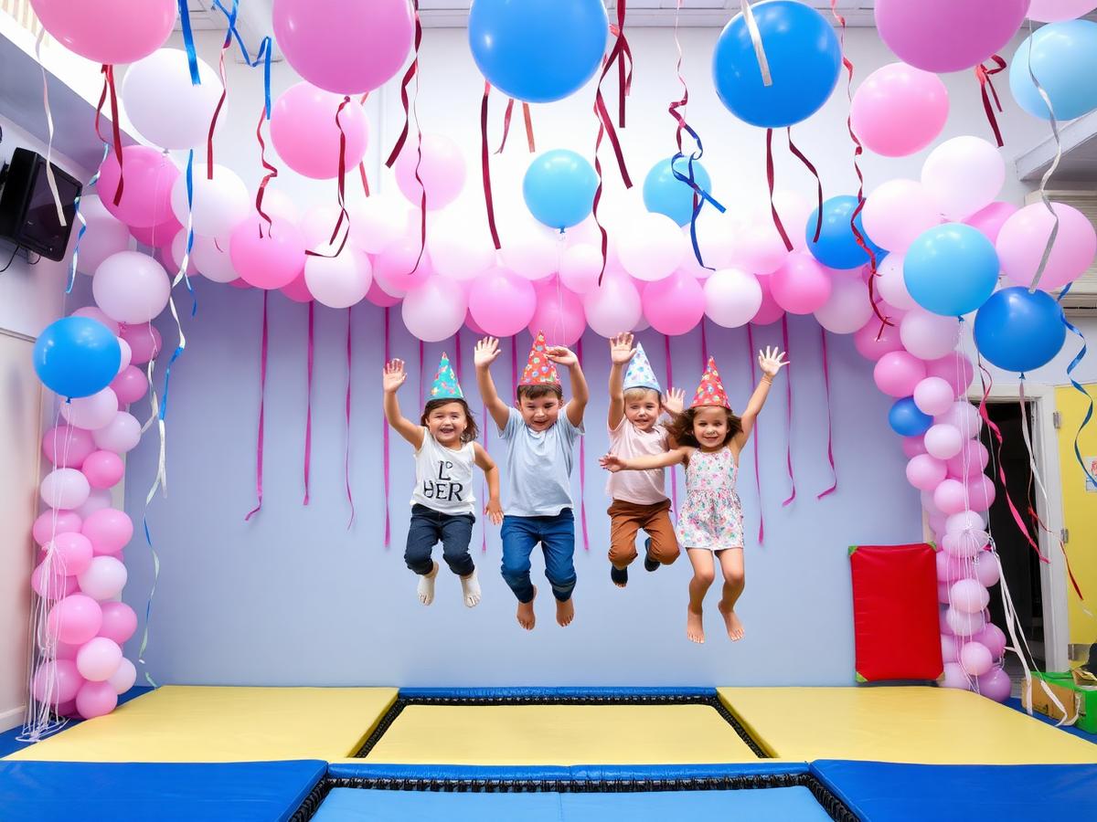 Kids in party hats jumping on a trampoline decorated with balloons for a birthday party