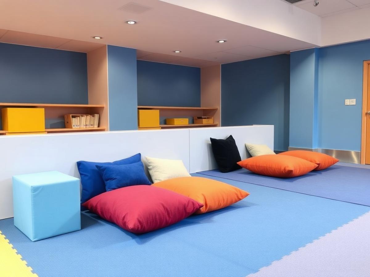 Sensory-friendly quiet zone with soft cushions for autism-inclusive sessions
