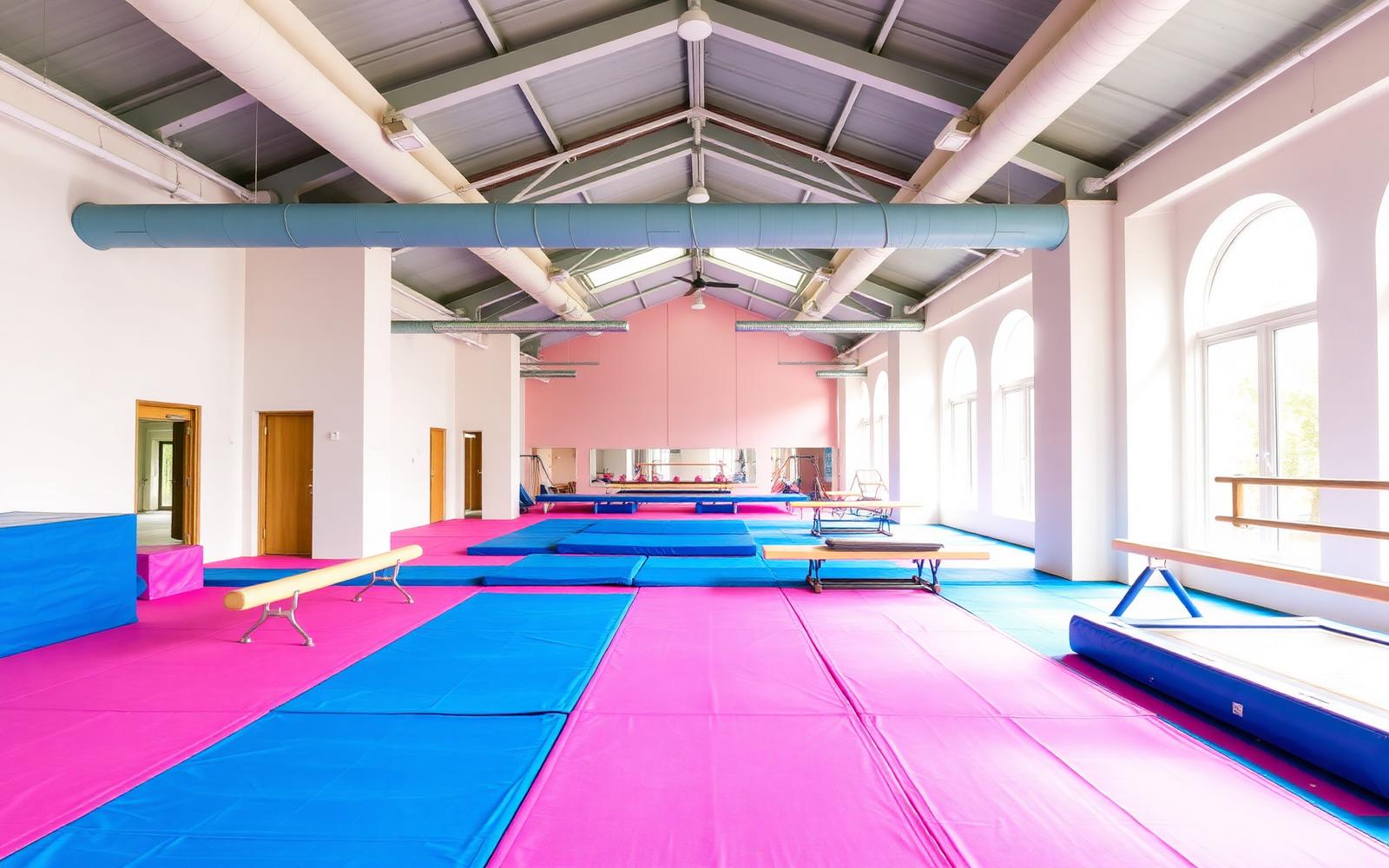 Modern Tumble Gym kids gymnastics floor with pink and blue safety mats, air-track and trampolines
