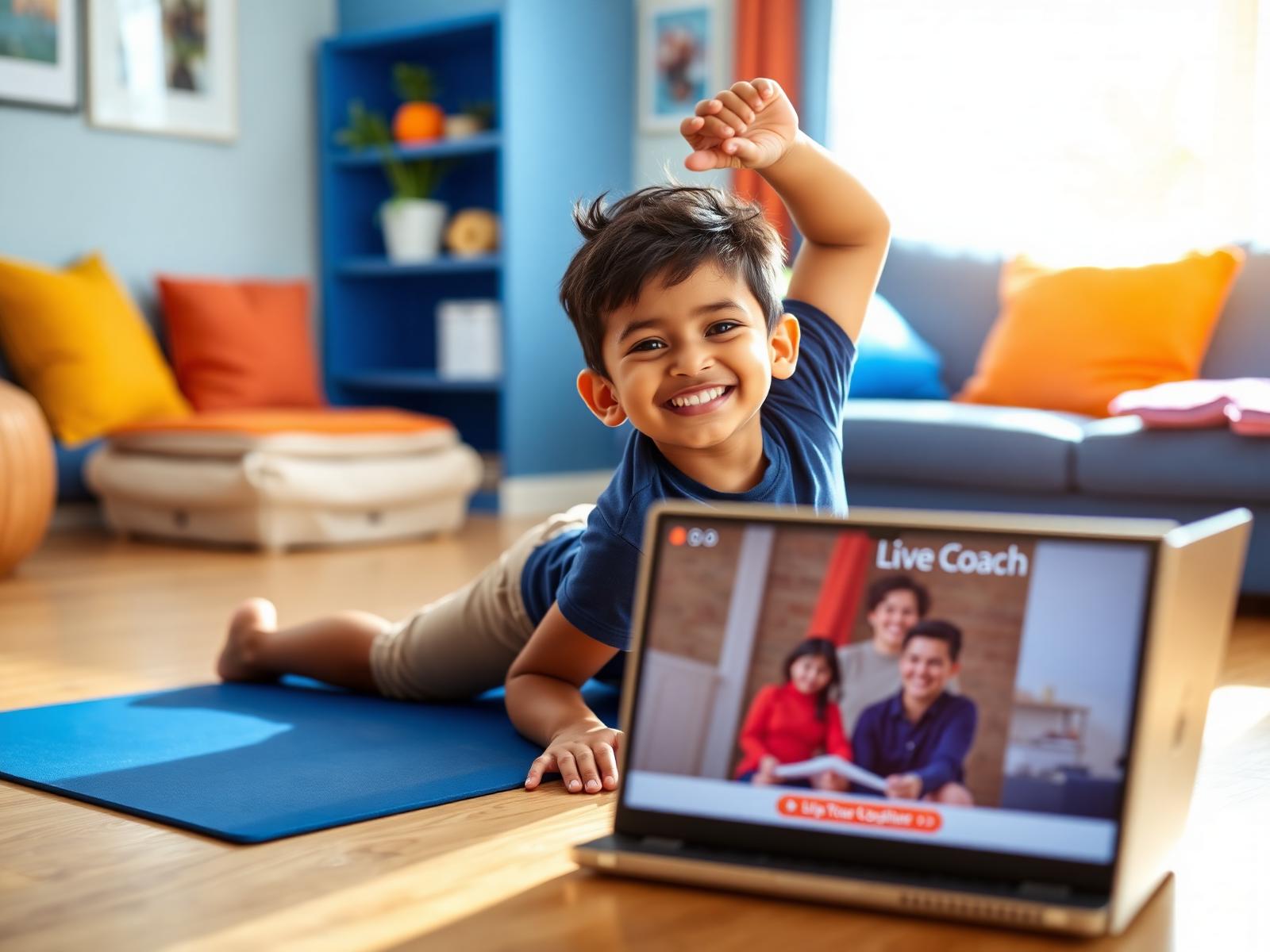 Smiling child stretching on a mat at home during a live online Tumble Gym class