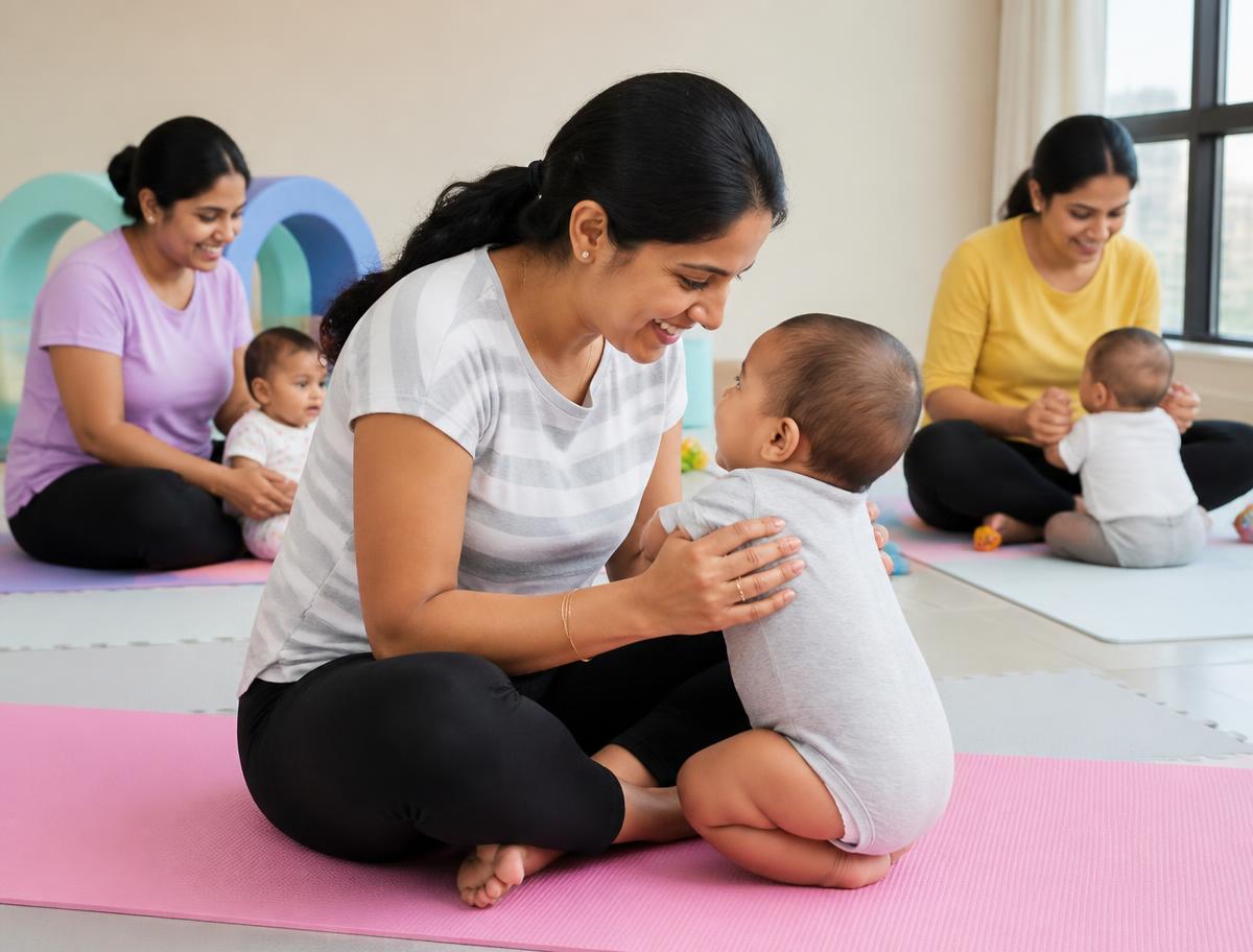 Mothers bonding with their babies on mats in a Tumble Gym parent and baby class